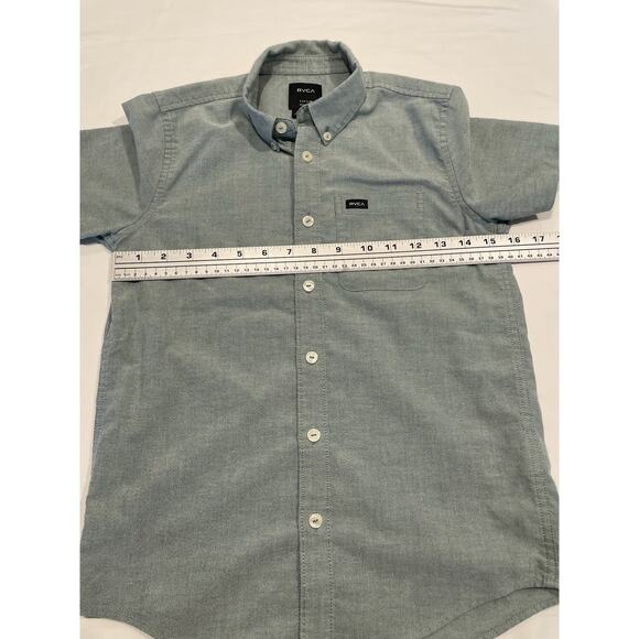RCVA Boy's Fit Short Sleeve Button Down Shirt Size S Oxford Blue Pocket Woven - Picture 6 of 6